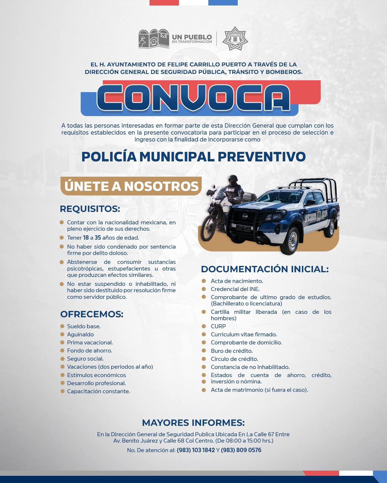 Ayuntamiento de Felipe Carrillo Puerto abre convocatoria para reclutar policías preventivos